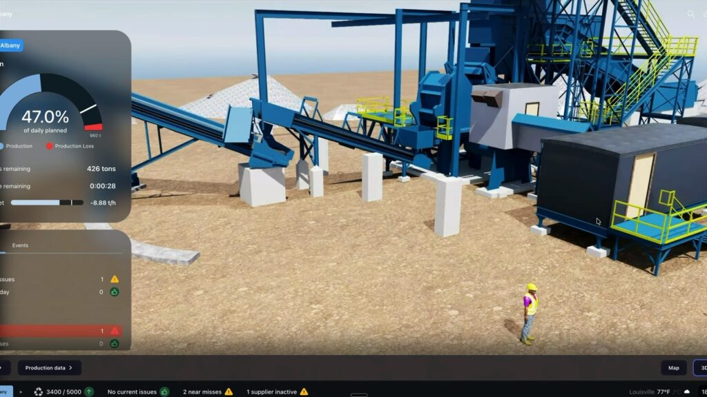 Visual twin of a metals recycling yard with live production panel