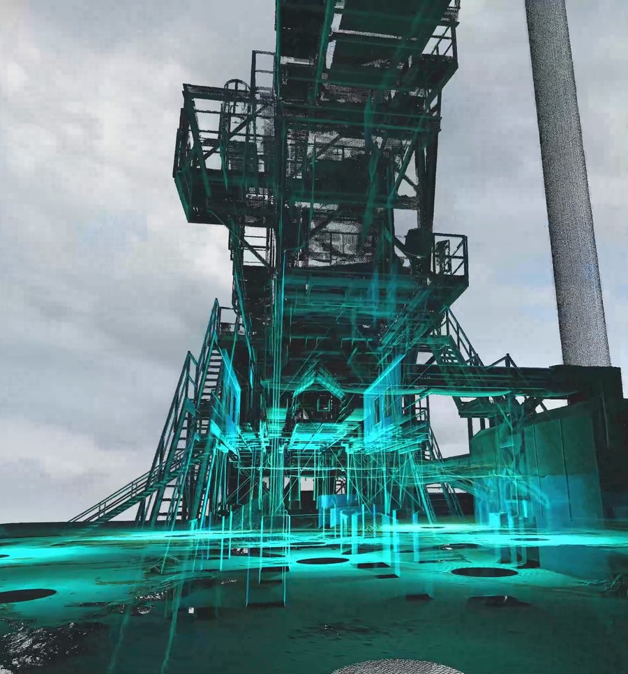 Reality capture point cloud overlaid on a photo of an industrial recycling plant