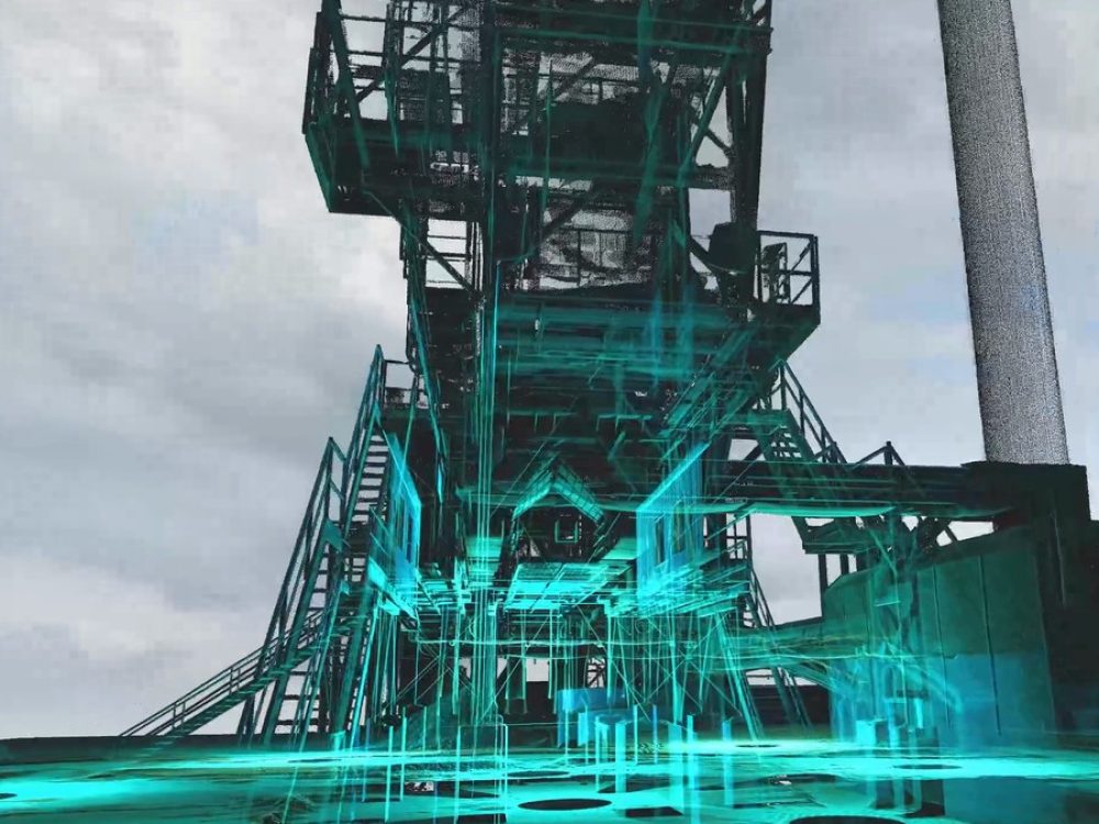 Reality capture point cloud overlaid on a photo of an industrial recycling plant
