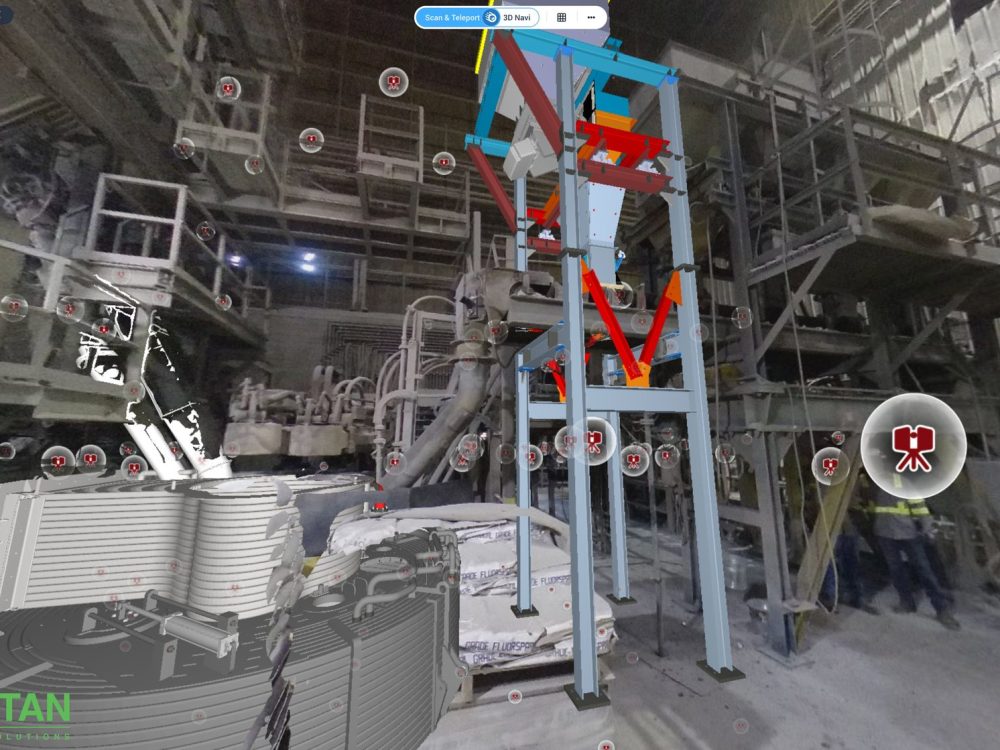 Web-based visual twin of a steel mill viewed in Cintoo with equipment tags
